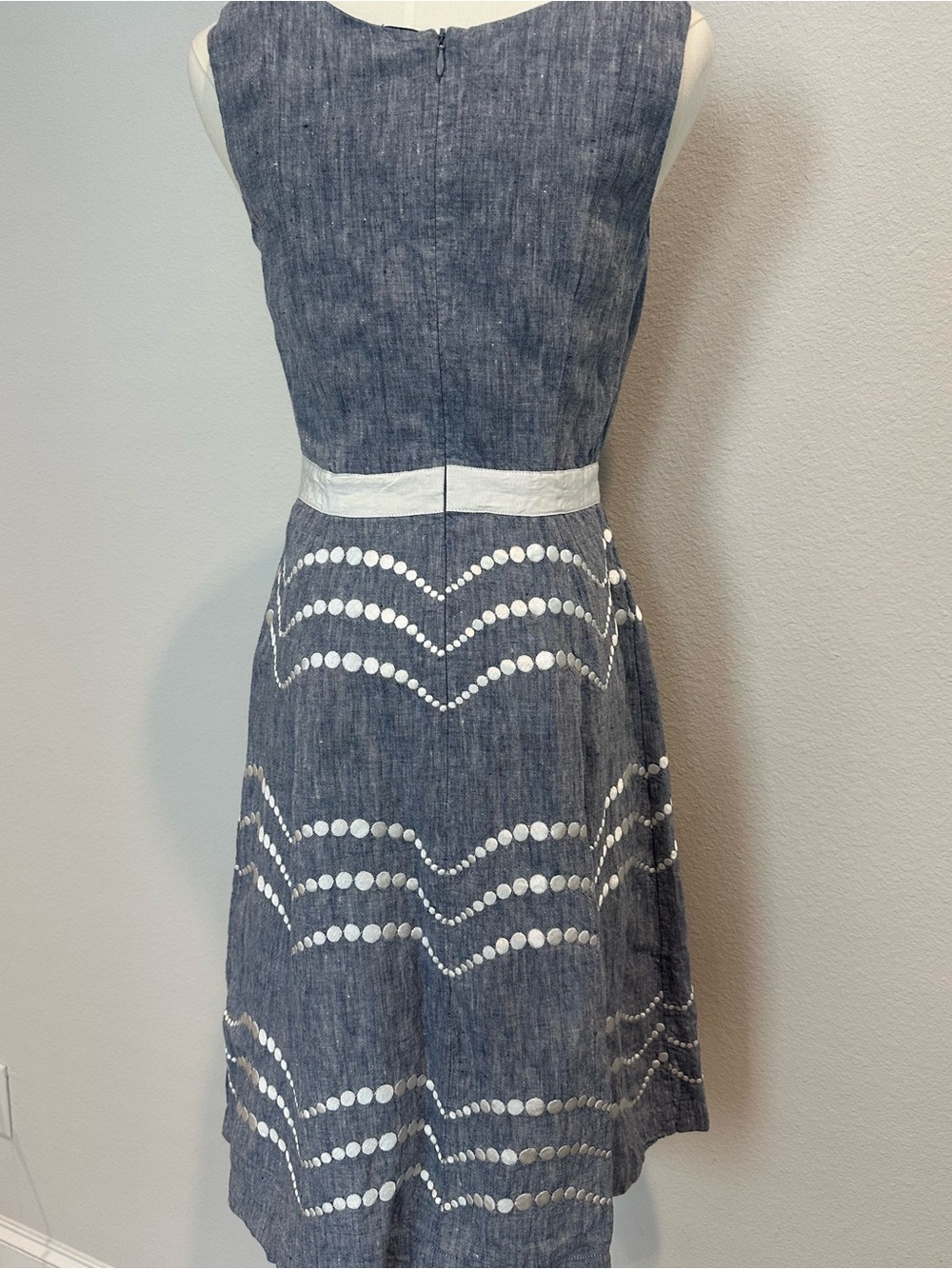 Boden Linen Blue A-Line Denim Dress with White Wave Dot Trim Cotton Lined US 6L - Picture 4 of 10